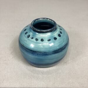 Handmade Pottery Clay Blue Stripe Vase - 3.25”Hx3.5”D